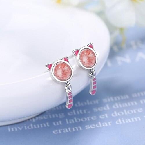 KOFSAC Cute Pink Crystal Cat Girl Stud Earrings Chic Fashion Gifts 925 Sterling Silver Earring Women Valentines Day Accessories