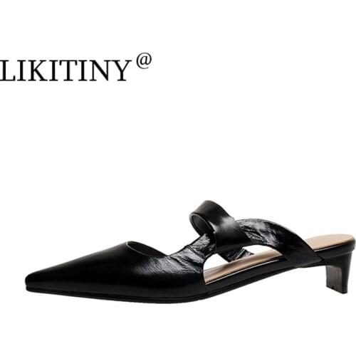 LIKITINY 2021 Summer Square heels Genuine Leather Slip on slides Office lady womens shoes black nude mules slippers size 33 40
