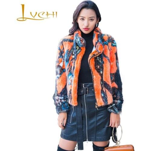 LVCHI Winter 2019 Mandarin Collar Real Mink Fur Coat Womens Button Long Sleeve Print Jacket Coat Short Colorful Loss Mink Coats