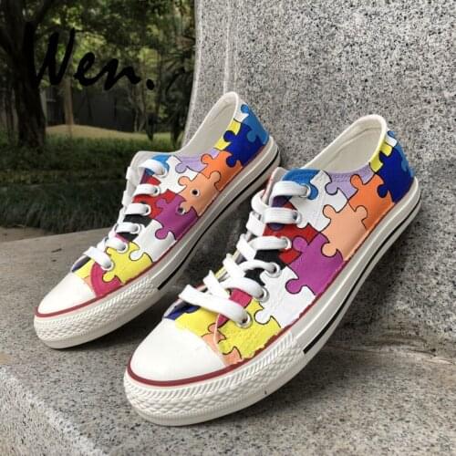 Wen Men Womens Hand Painted Shoes Design Custom Colorful Puzzle Low Top Canvas Sneakers Christmas Birthday Gifts