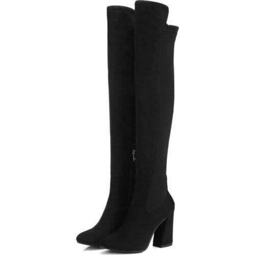 Women Over The Knee Boots Lace Up Sexy High Heels Flock Leather Autumn Woman Shoes Winter Women Boots