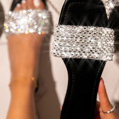 2021 Women Crystal Bling Slipper Woman Summer Beach Rhinestone Slide Female Casual Square Toe Shoe Ladies Plus Size Footwear