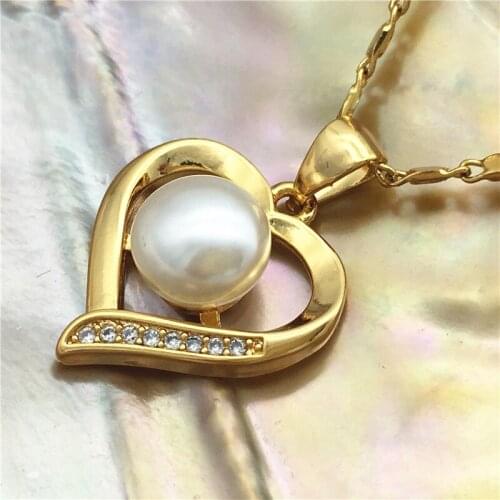 Ladys 5 colors white/black/purple/grey/pink 16mm natural freshwater pearls 18kgp inlay zircon heart pendant with chain 04