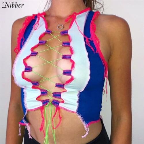 Nibber sexy hollow Contrast patchwork Ribbed knitting top camisole women Bandage low cut crop top club party wear tank top mujer