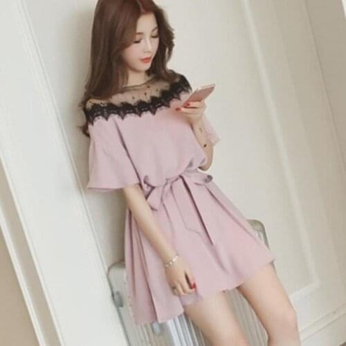 Womens Dress To Send Belt Lace Stitching Dress New Loose One Word Collar Off Shoulder Back Was Thin and Covered Belly Plus Size