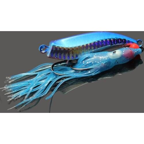 2PCS 60g Holographic Metal Fishing Jig Lure With Squid Skirt Blue Color