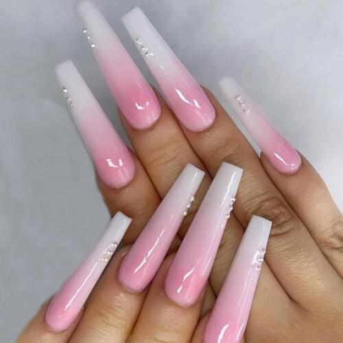 24pcs artificial nails with glue Long Gradient Pink Rhinestone Nail Stickers Finished fake nails press on nail coffin designs TO