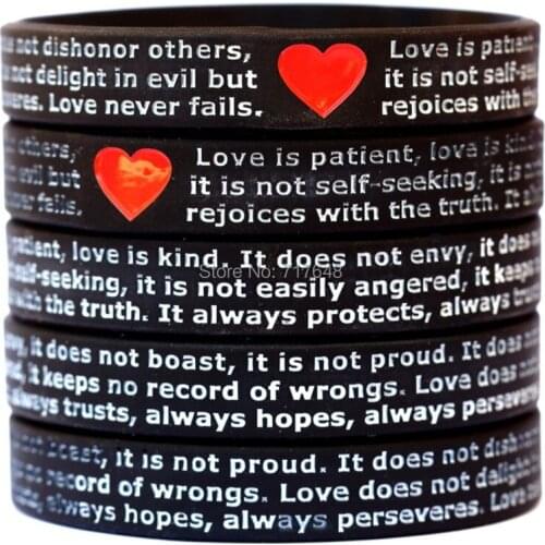 300pcs Bible Verses Love is Patient Love is Kind I Corinthians 1:3 wristband silicone bracelets free shipping by FEDEX A