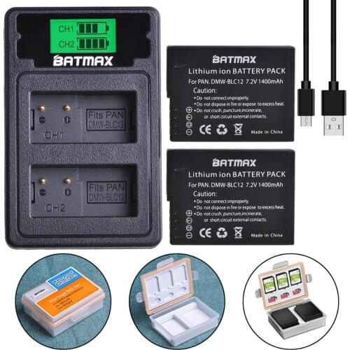Batmax 2pcs DMW-BLC12 DMW-BLC12E Battery+LCD Dual USB Charger with Type C Port for Panasonic DMW-BLC12PP FZ200 FZ1000 DMC-G5