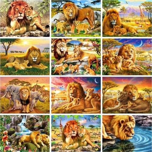 Huacan Diamond Art Painting Lion Sunset Full Square/round Diamond Embroidery Mosaic Animal Natural Landscape Wall Decor