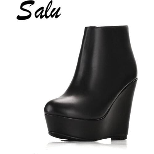 Salu Woman Natural Genuine Leather Cow Fashion Ankle Chelsea Boots wedges Heels Winter Autumn Handmade Shoes