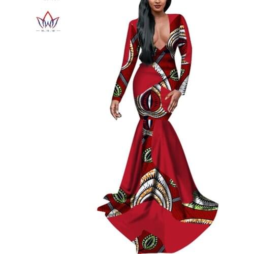 BRW Women African Print Dresses Floor-length Wrap Dress Dashiki Print Sexy Ethnic Mermaid Dress Plus Size Clothing WY2760