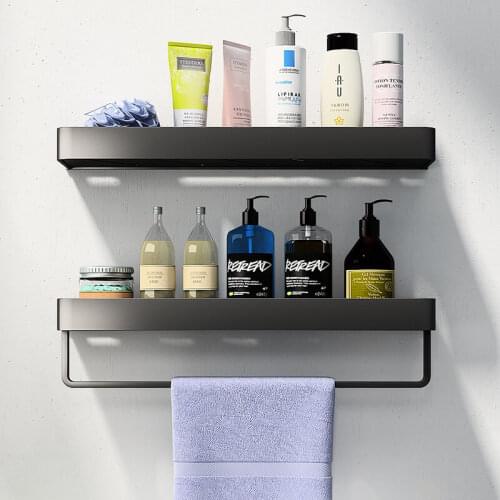 Punch-free Black Aluminum Storage Rack Bathroom Shelf With Towel Bar Lotions Storage Organizer For Bathroom Accessories Set