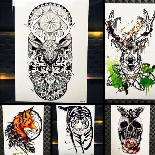 Black Totem Deer Horn Temporary Tattoo Sticker For Women Body Art Flash Tattoo Henna Moose Antler Waterproof Tatoo Buckhorn Men