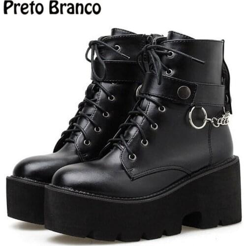 PRETO BRANCO 7.5cm Heels 2021 New Wild Models Thick Thick with Ankle Boots British Wind Slope with High Heel Boots JXQ-168-59