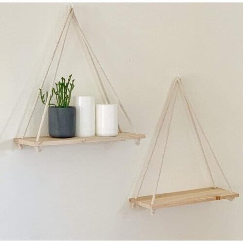 Wooden Rope Swing Wall Hanging Plant Flower Pot Tray Mounted Floating Wall Shelves Nordic Home Decoration Moredn Simple Design