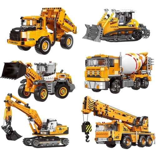 Engineering Bulldozer Crane Working Cement Mixer Truck Car Building Blocks City Construction Technical Bricks Children Toys Gift