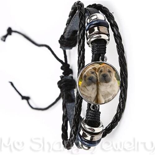 Classic Black/Brown Leather Bracelet Pug In A Tea Cup Dog Glass Cabochon Weave Multi-layer Weave Bangle Women Men Jewelry