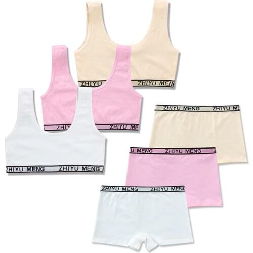 Bra Set for Student Puberty Vest Brassiere Bras and Solid Color for Girls 2019 Solid Color Children 8-14 Years Hipster 1 Set