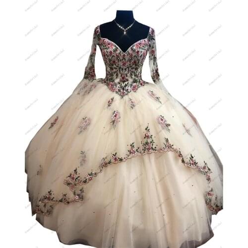 2021 Vestidos De 15 Anos 3D Floral Flowers Charro Lace Mexican Ball Gown Quinceanera Dresses with Long Sleeves Begie Tulle Cheap