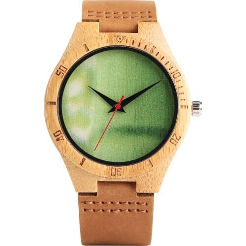Quartz Wooden Watch for Men Green Dial without Numeral Wooden Watches for Boyfriend Leather Band with Pin Buckle Wristwatch