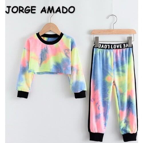 2021 New Spring Teenager Girls 2-pcs Sets Colorful Sweatershit + Letters High Waist Pants Children Clothes E1505