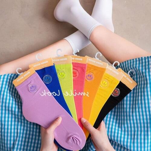 New Candy Color Socks Women Smiley Harajuku White Crew Socks Kawaii Cute Breathable Cotton Skateboard Happy Funny Novelty Sock