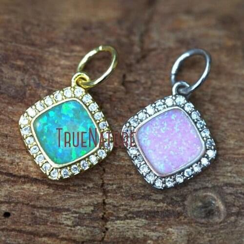New Design Green And Pink Opal Charm Micro Pave Clear Czech Zircon Square Charm Gold Silver Finish Pendant PM9594