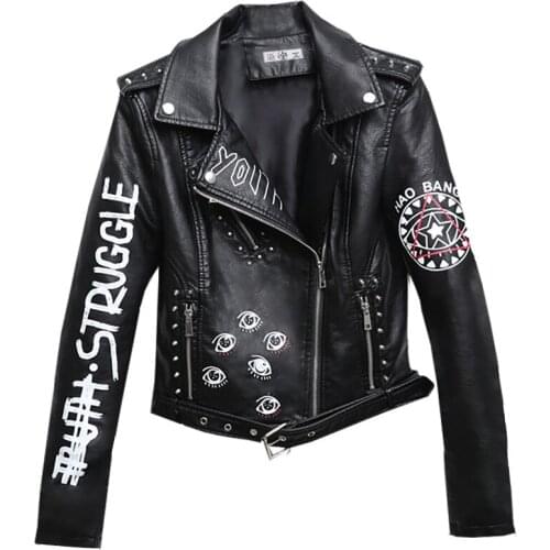 Autumn 2020 New Womens Leather Jacket Black European And American Street Letter Embroidery Rivets Fashion All-Match Lapel Top