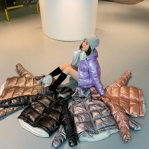 2020 Autumn Womens Winter Coats Fashion Glossy Stand Parkas Winter Jacket Women Shinny Padded Cotton Hooded Coat