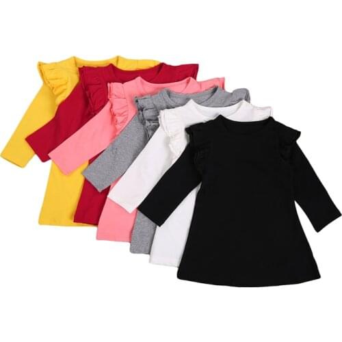 FOCUSNORM 6 Colors Toddler Baby Girls Solid Dress Ruffles Long Sleeve Knee Length A-Line Autumn Dress 1-7Y