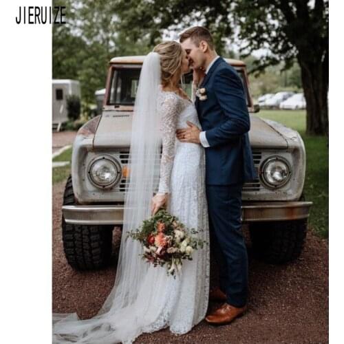 JIERUIZE Chic Boho Wedding Dresses A Line Long Sleeves V Neck Backless Bridal Dresses Long Lace Robe De Mariee Wedding Gowns