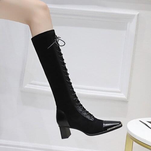European and American vintage fashion thick heeled high-heeled metal square-head velvet stitched cross strap strap high boots