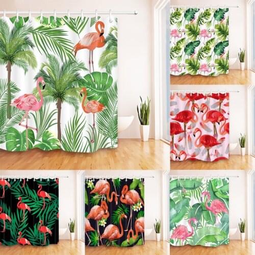 Green Tropical Plants Shower Curtains For Bathroom Polyester Waterproof Flamingo Bath Curtain Leaves Printing Bathroom Curtains