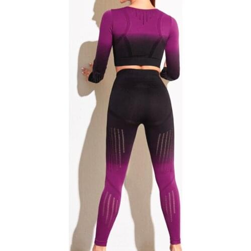 Women Gym Clothes Yoga Sets Seamless Long Sleeve Crop Tops Sports Leggings Running Workout Gradient Hollow Design Gym Set