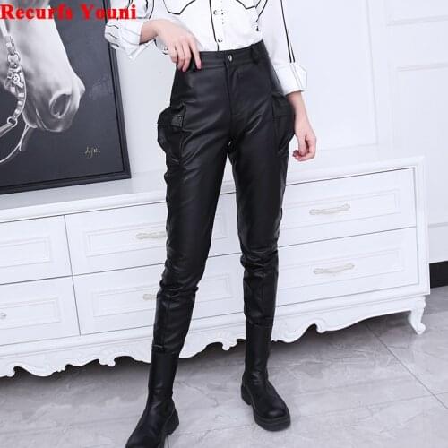 Leggings Lambskin Pants Femme 2021 Spring Women European Unique Thin Pocket Pveralls Boots Casual Handsome Locomotive Trousers
