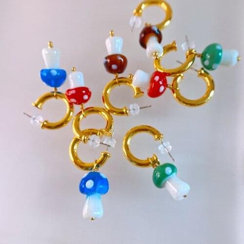 New Ins Fashion Cute Colorful Mushroom Ladybug Pendant Drop Metal Circle Gold Color Earring Hoop Stud for Women Gifts Jewelry