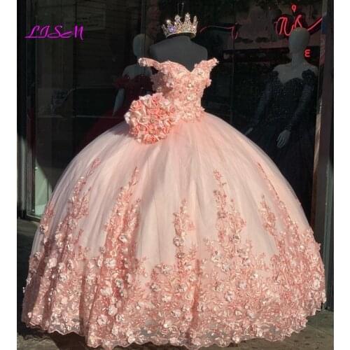 Charming Ball Gown Pink Quinceanera Dress Off Shoulder Lace Appliques Beaded Sweet 16 Dress Pageant Gowns vestidos de 15 años