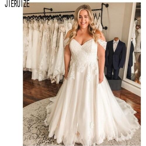 JIERUIZE Plus Size Wedding Dresses V Neck Off the Shoulder Lace Up Back Appliques Summer Boho Wedding Gowns Robe De Mariage