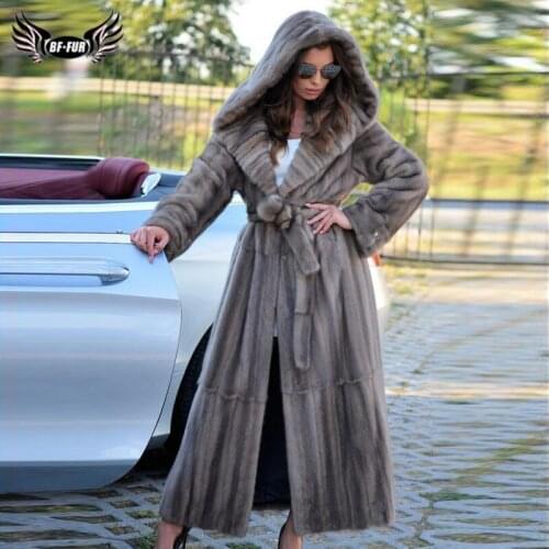 130cm Long Winter New Real Mink Fur Coat With Hood Natural Women Whole skin Genuine Mink Fur Coat With Fur Belt Luxury Overcoats