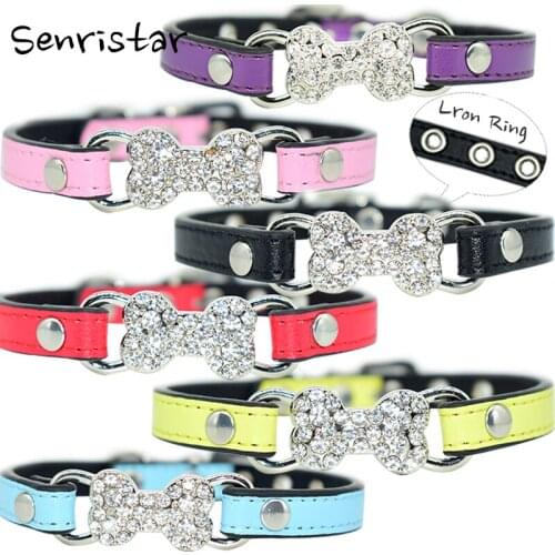 1piece/lot PU Leather Bone Type Bling Lron Ring Rhinestone Customized Adjustable Pet Dog Collar Six Colors for Small Medium Dogs