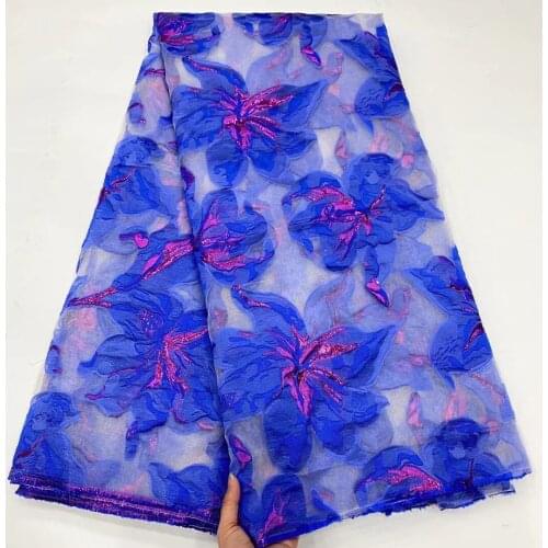 5Yards Blue Jacquard Brocade Lace Fabric African Floral Organza Mesh Cloth Nigerian French Tulle Net Material For Dress POZ40