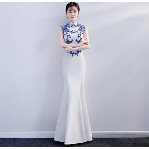 White Mermaid Chinese Evening Dress Long Qipao Embroidery Cheongsam Women Oriental Wedding Gowns Robe Chinoise Party Dresses