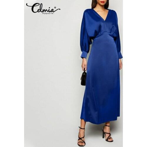Celmia Womens Satin Waisted Midi Dress 2021 Autumn Bat Sleeve Sexy V Neck Long Vestidos Vintage Party Robes Elegant Solid Dress