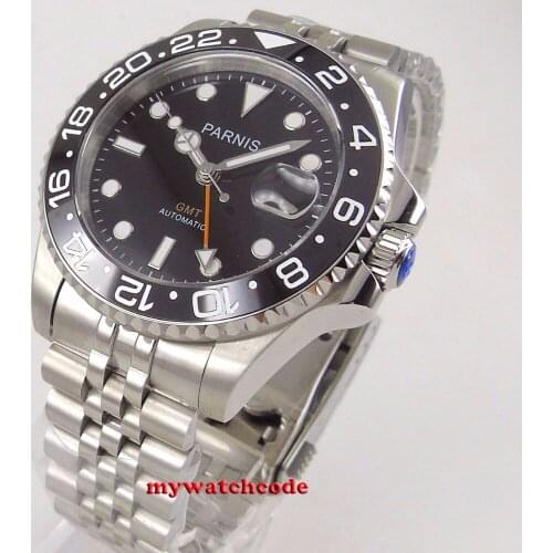 40mm PARNIS black dial ceramic bezel GMT Sapphire glass automatic mens watch