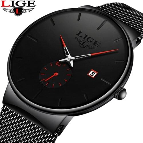 Relojes Hombre LIGE Mesh Steel Mens Ultra-thin Watches Top Brand Black Waterproof Quartz Watch Men Casual Sport Quartz Clock2019