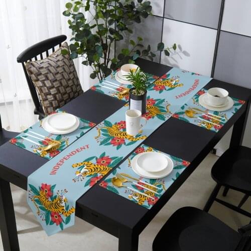 Flower Jungle Tiger Table Runner Set Cotton Linen Table Runners Tablecloth Dining Table Mat Home Wedding Table Decoration