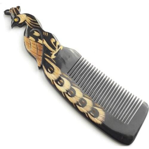 Peacock design Natural Buffalo horn Comb for hair massage Wide Tooth anti-static head Massage Hair Brush combs hairbrush