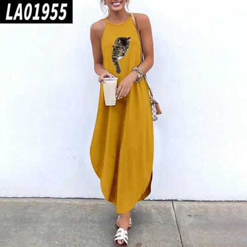 Summer Long Dress Sexy Sleeveless Milk Fiber Round neck 3D Print Tank Dress Irregular slit long Sling Dress loose Beach Dresses