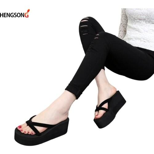 Women Sandals High-heeled Thick Bottom flip-flops Summer Towel Cloth Ladies anti-skid Clips Tide Beach Sandals And Slippers